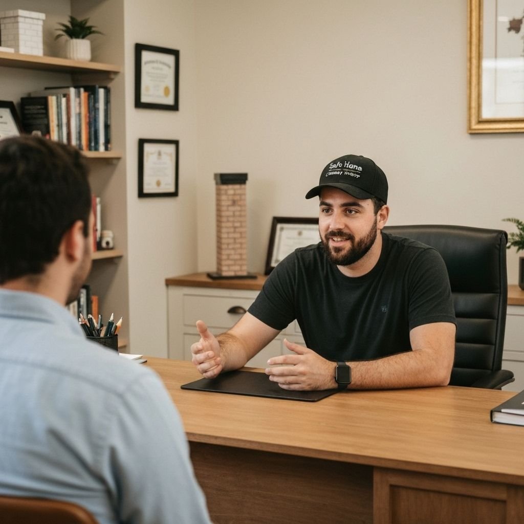 Grayson Holt consulting with a client at Safe Home Chimney Sweep office in Dallas